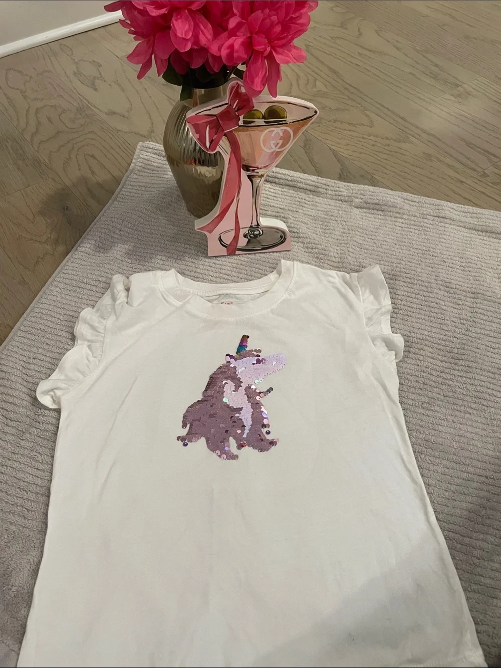 Cat & Jack White Short Sleeve Tee with Multicolor Sequin Bunny